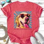 Golden retriever wearing sunglasses and a bandana, on a pink and blue background.