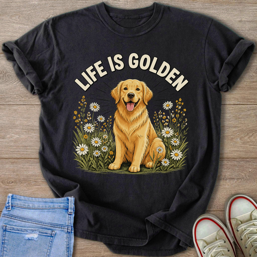Black t-shirt with a Golden Retriever sitting in a field of daisies and text "LIFE IS GOLDEN".