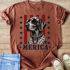 Dog with sunglasses and American flag tag, wearing a chain, with "MERICA" text.