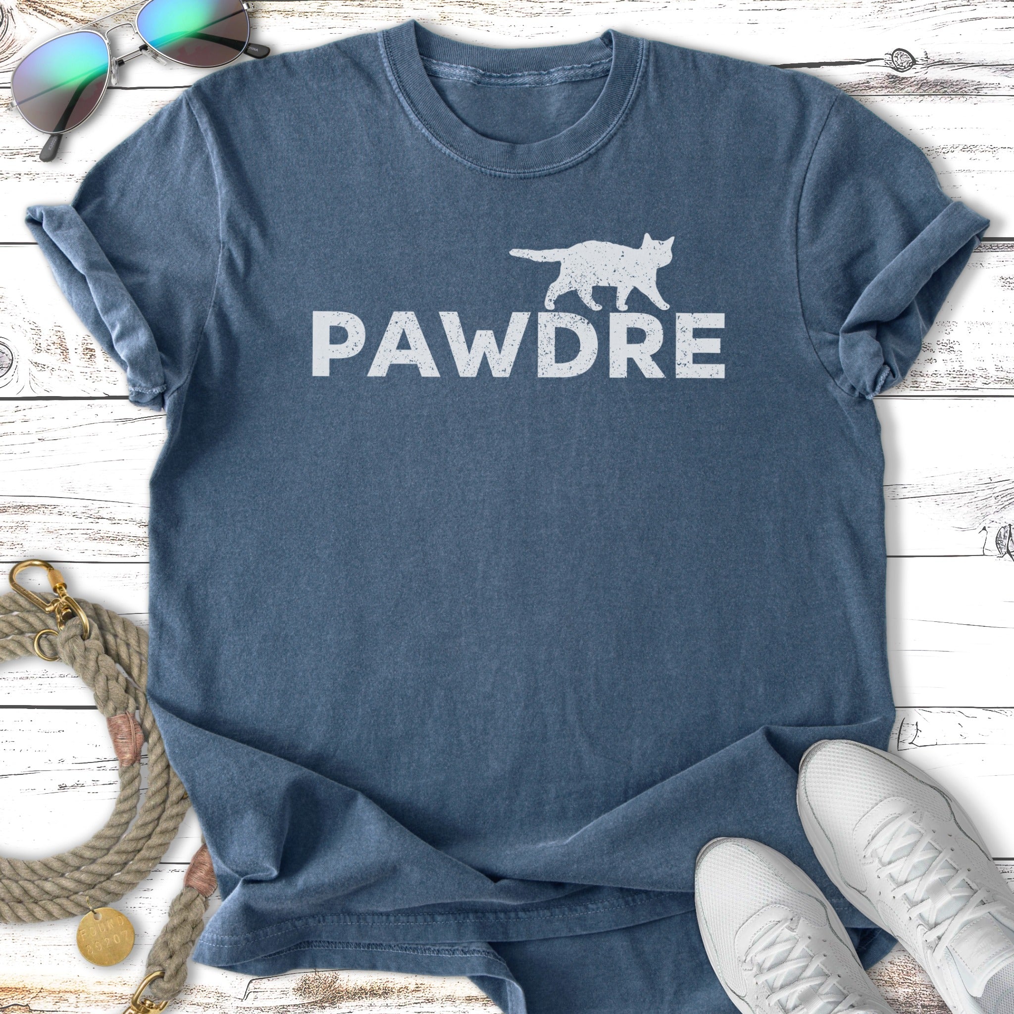T-shirt with "PAWDRE" in white text and a white cat silhouette.