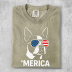 T-shirt with a bulldog wearing American flag sunglasses and "MERICA" text.