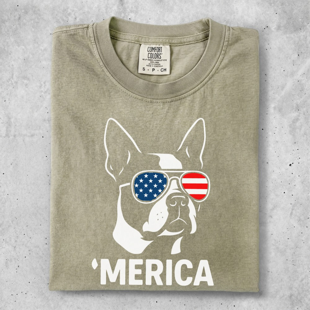 T-shirt with a bulldog wearing American flag sunglasses and "MERICA" text.
