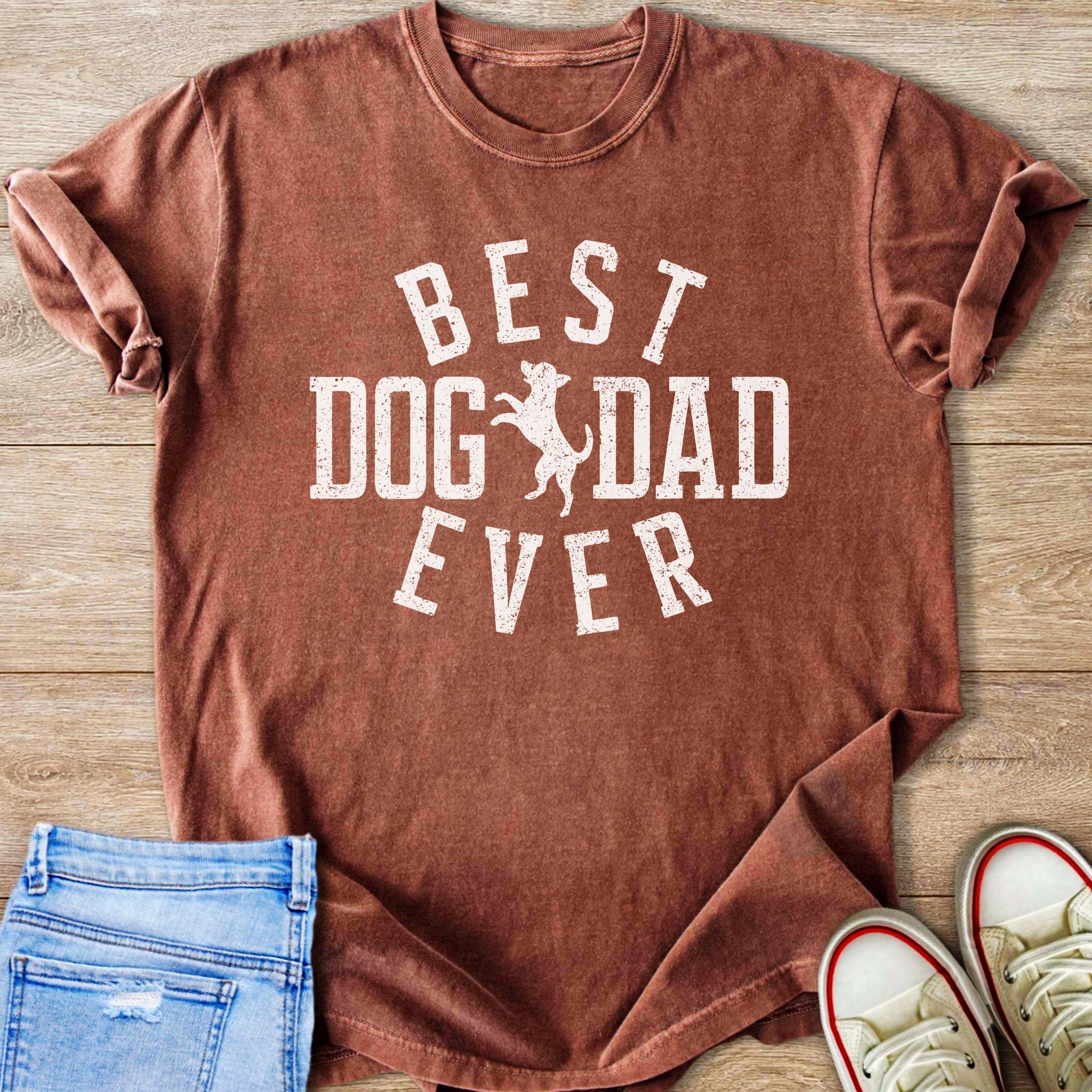 Brown t-shirt with white text "BEST DOG DAD EVER" and a dog graphic.