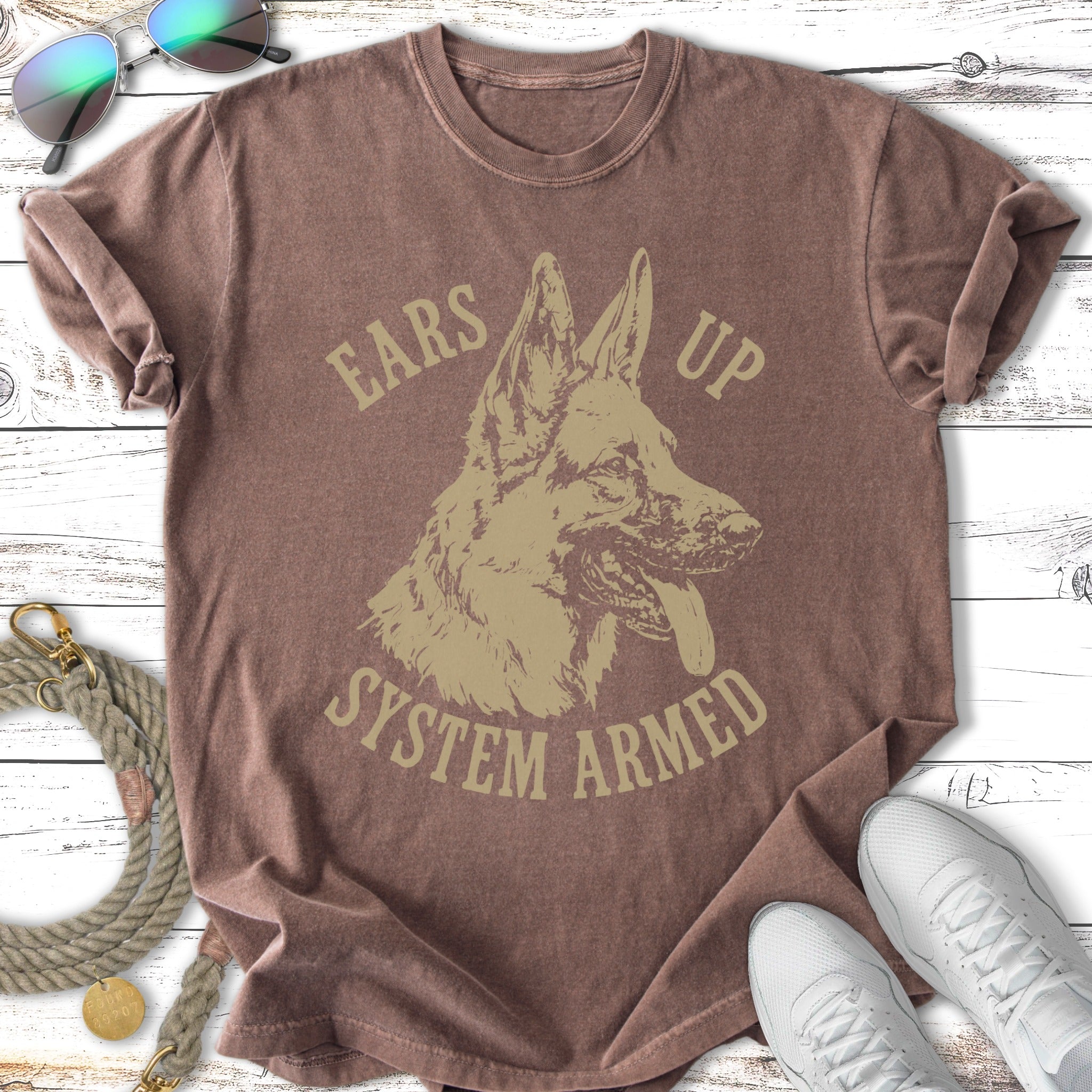 Brown t-shirt with tan graphic of a German Shepherd head and text "Ears Up System Armed".