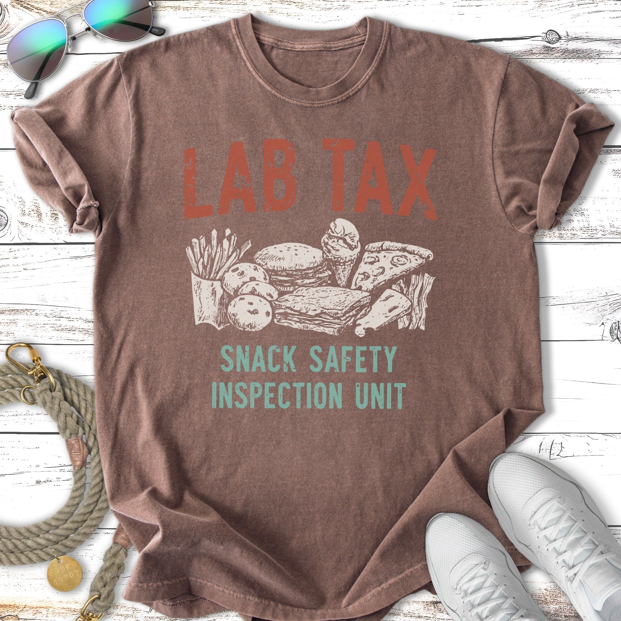 T-shirt with "Snack Safety Inspection Unit" and cartoon fast food.