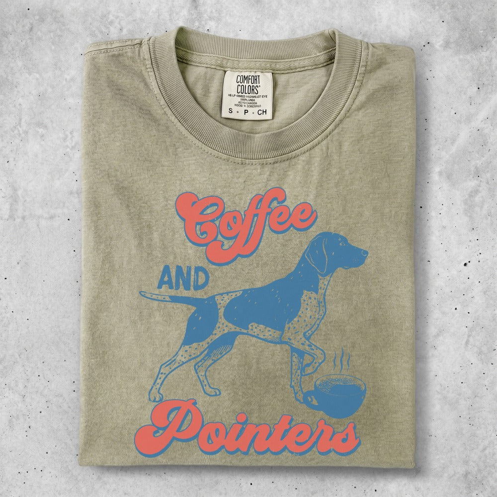 T-shirt with "Coffee and Pointers" text and dog illustration.
