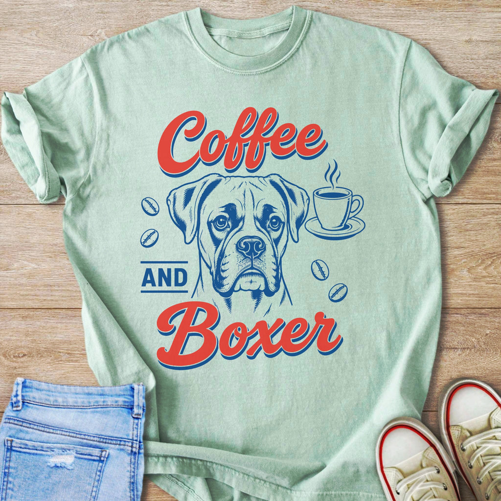 Green t-shirt with "Coffee AND Boxer" text, boxer dog portrait, and coffee cup.
