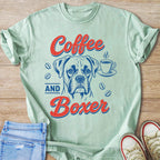 Green t-shirt with "Coffee AND Boxer" text, boxer dog portrait, and coffee cup.