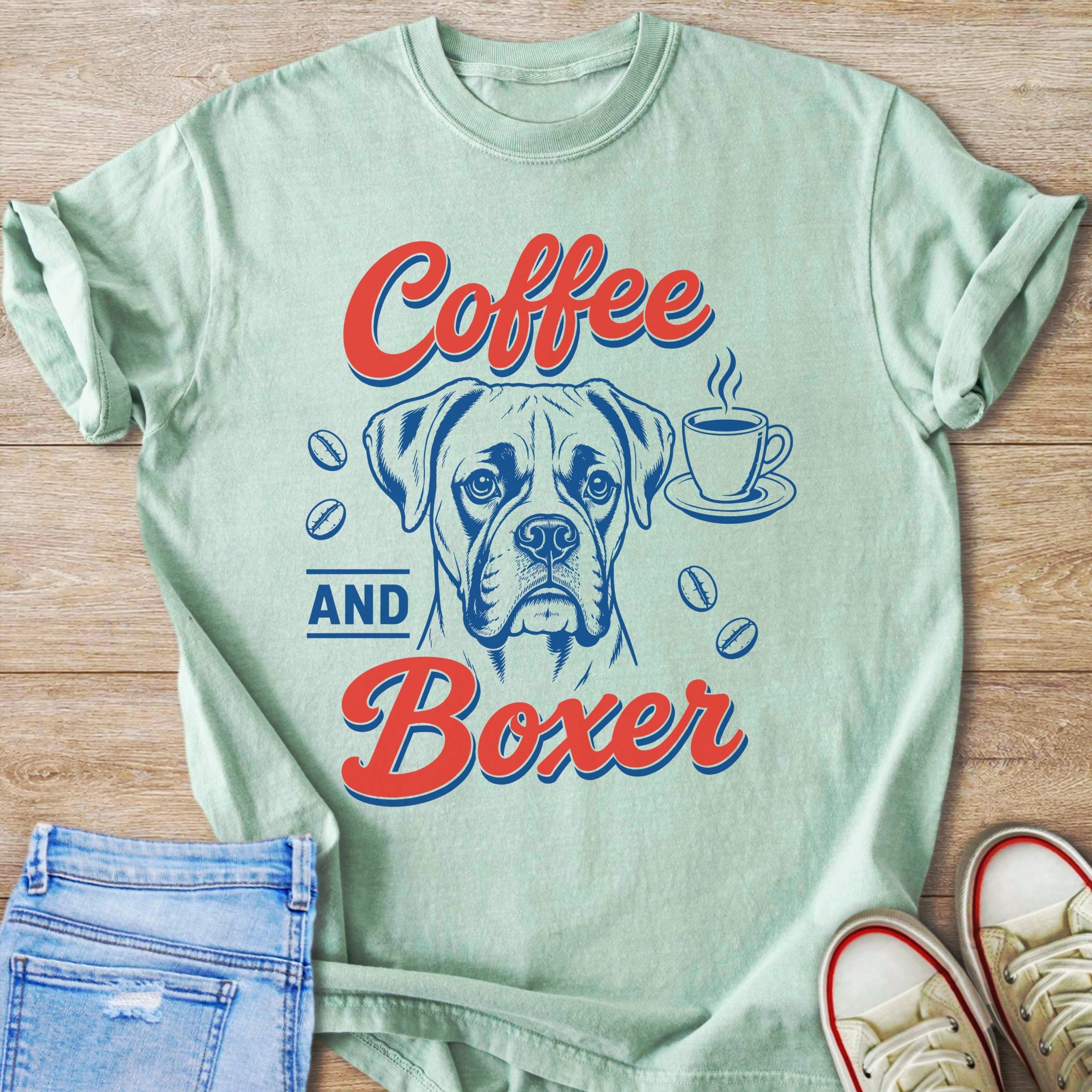 Green t-shirt with "Coffee AND Boxer" text, boxer dog portrait, and coffee cup.