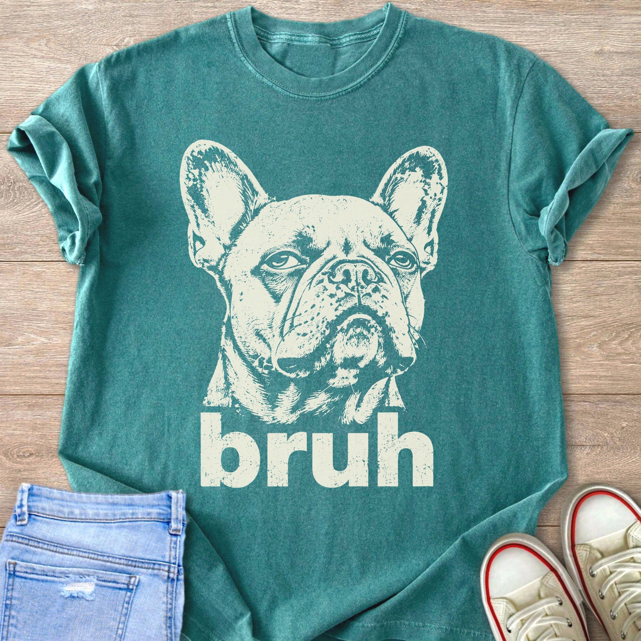 Teal t-shirt with distressed French Bulldog graphic and "bruh" text.