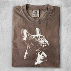 French bulldog illustration on a brown Comfort Colors t-shirt.