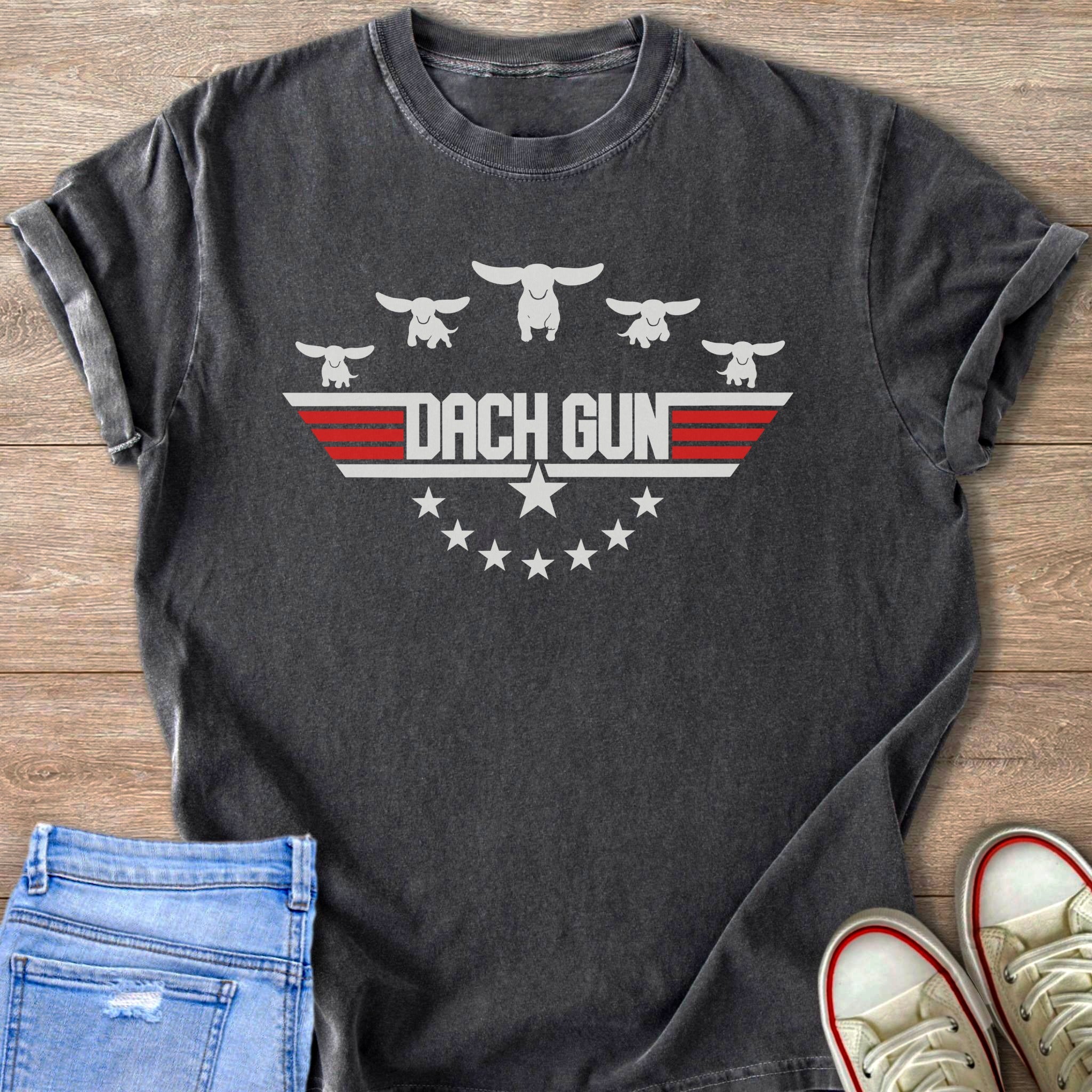 Dark grey t-shirt with white Dachshunds and "DACH GUN" text logo.