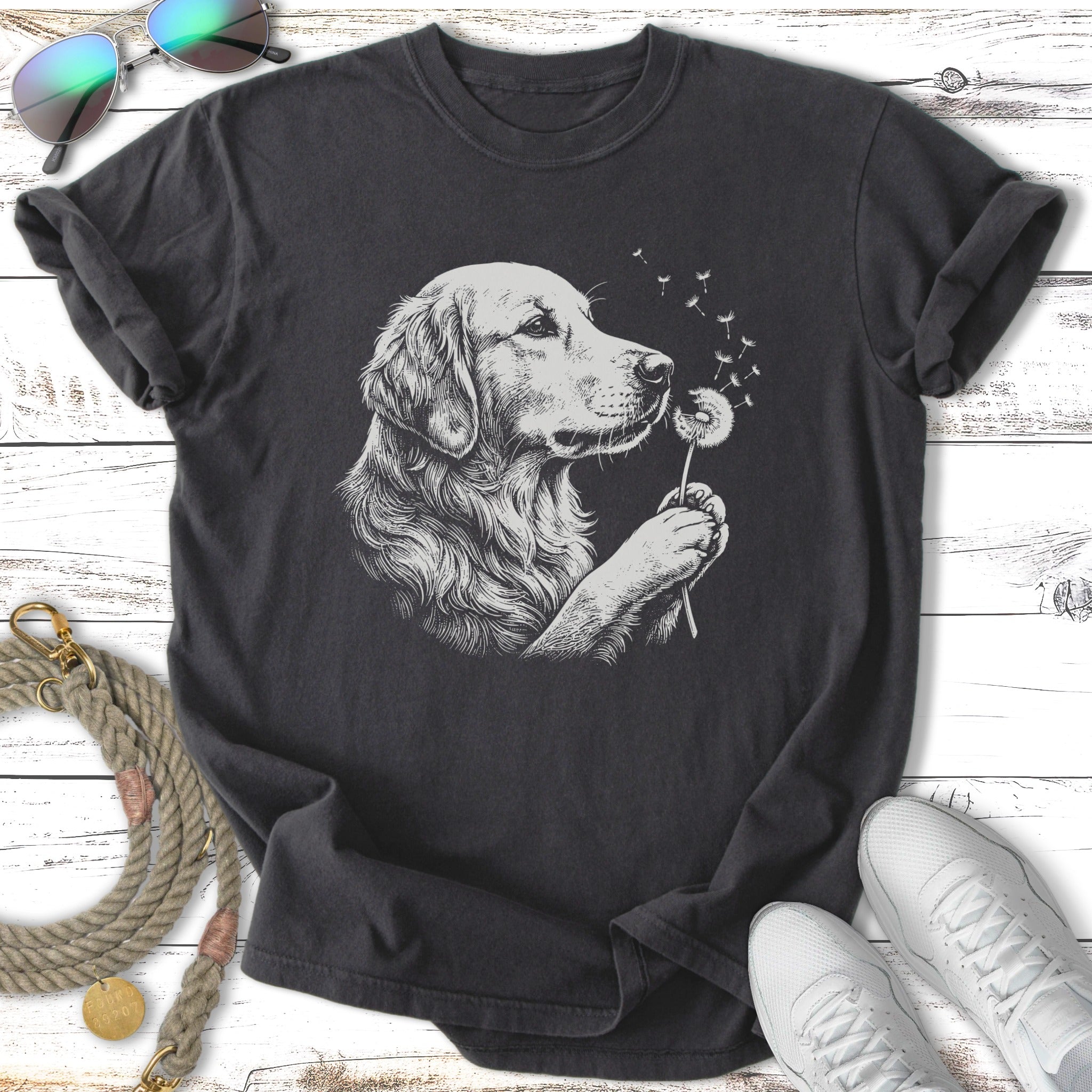Golden retriever dog with a dandelion on a dark t-shirt.