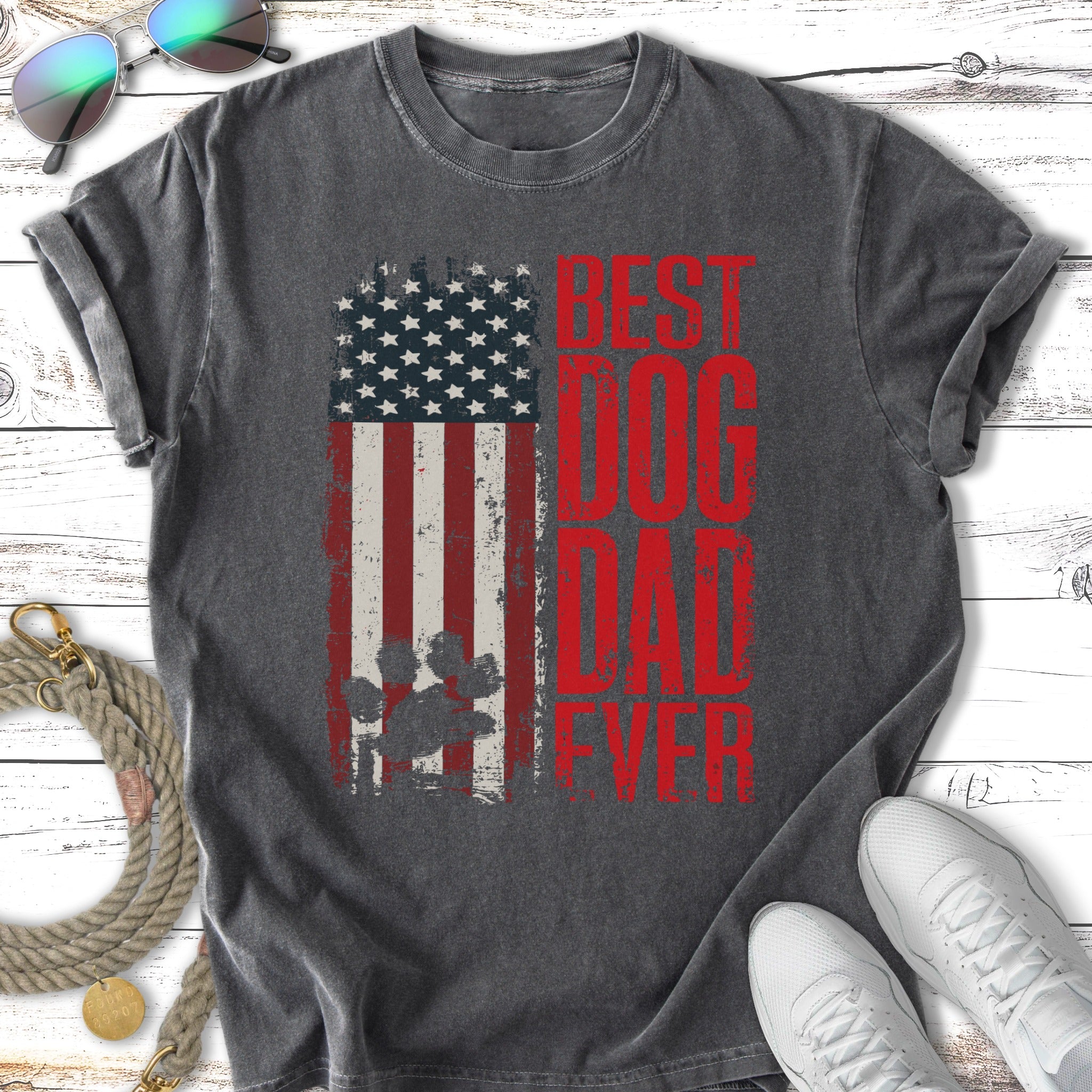 Distressed American flag with "Best Dog Dad Ever" text.