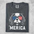 Dog wearing American flag sunglasses with "MERICA" text.