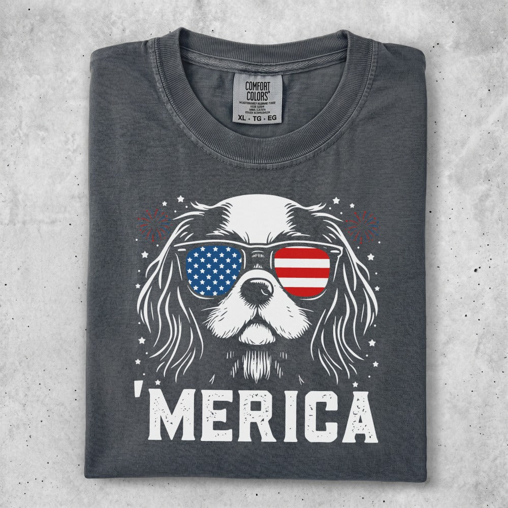 Dog wearing American flag sunglasses with "MERICA" text.