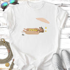 Cartoon hot dog wearing sunglasses relaxing on a beach.