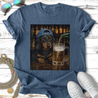 Dachshund wearing a blue baseball cap pours beer into a mug.
