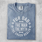 Blue t-shirt with "Fur Dad The Man The Myth The Snack Dealer" text.