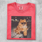 Pomeranian dog wearing sunglasses drinks iced coffee.