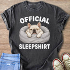 Dark gray t-shirt with "OFFICIAL SLEEPSHIRTS" and a sleeping French bulldog illustration.
