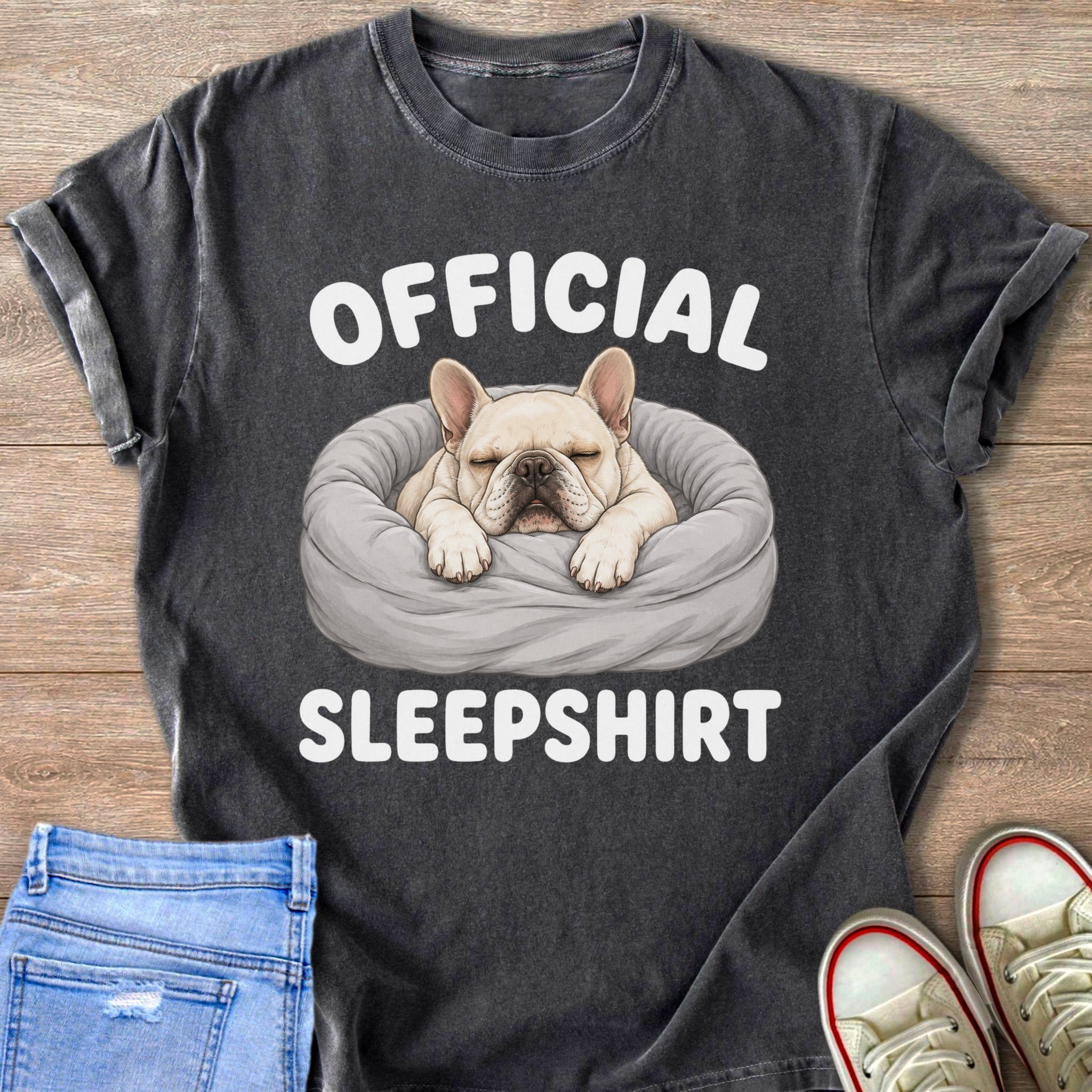 Dark gray t-shirt with "OFFICIAL SLEEPSHIRTS" and a sleeping French bulldog illustration.