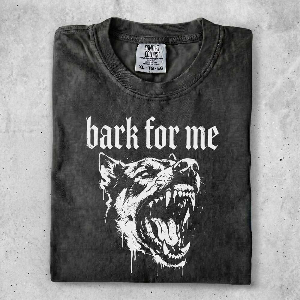 Black t-shirt with "bark for me" text and snarling dog graphic.