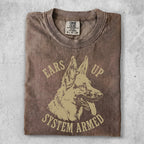 Brown t-shirt with tan German Shepherd graphic and text "EARS UP SYSTEM ARMED".