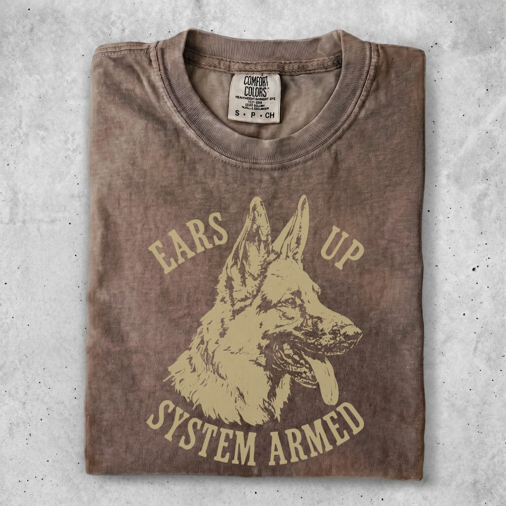 Brown t-shirt with tan German Shepherd graphic and text "EARS UP SYSTEM ARMED".