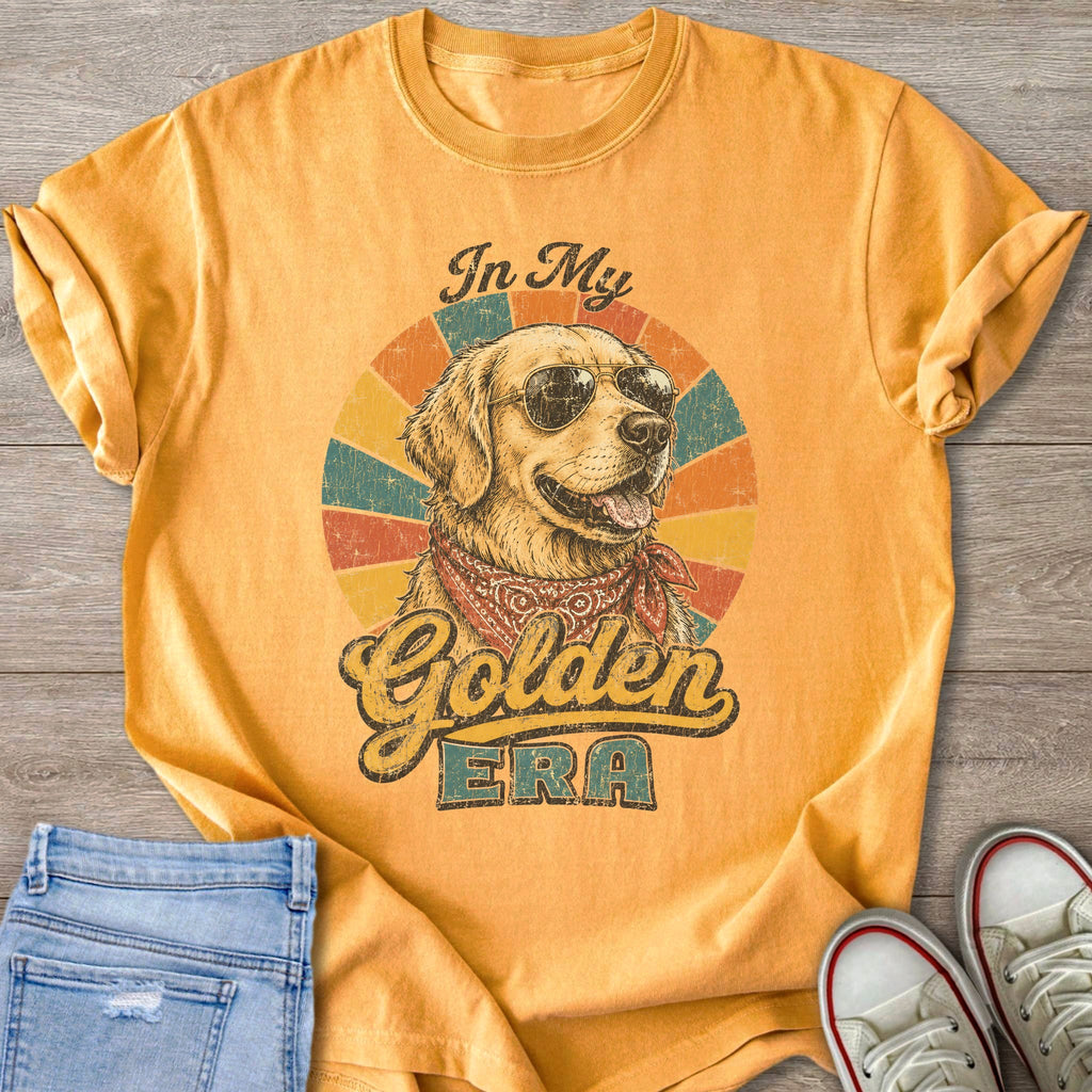 Golden Retriever wearing sunglasses and bandana, text "In My Golden Era".
