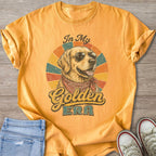 Golden Retriever wearing sunglasses and bandana, text "In My Golden Era".