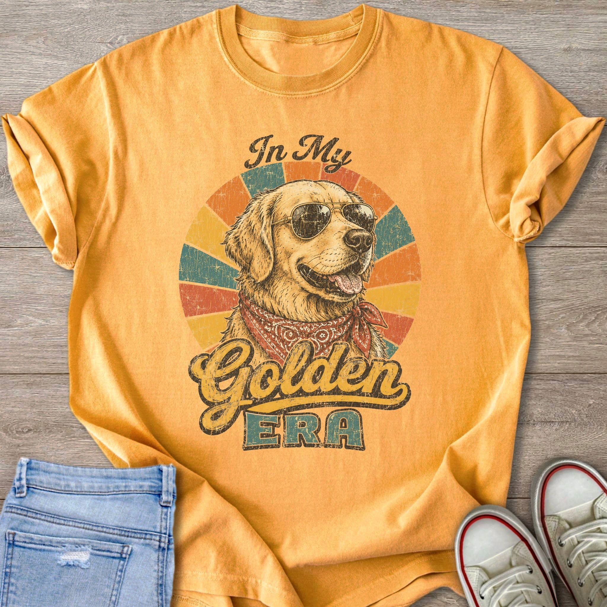 Golden Retriever wearing sunglasses and bandana, text "In My Golden Era".
