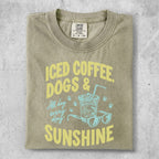 T-shirt with "Iced Coffee, Dogs & Sunshine" graphic and Comfort Colors logo.