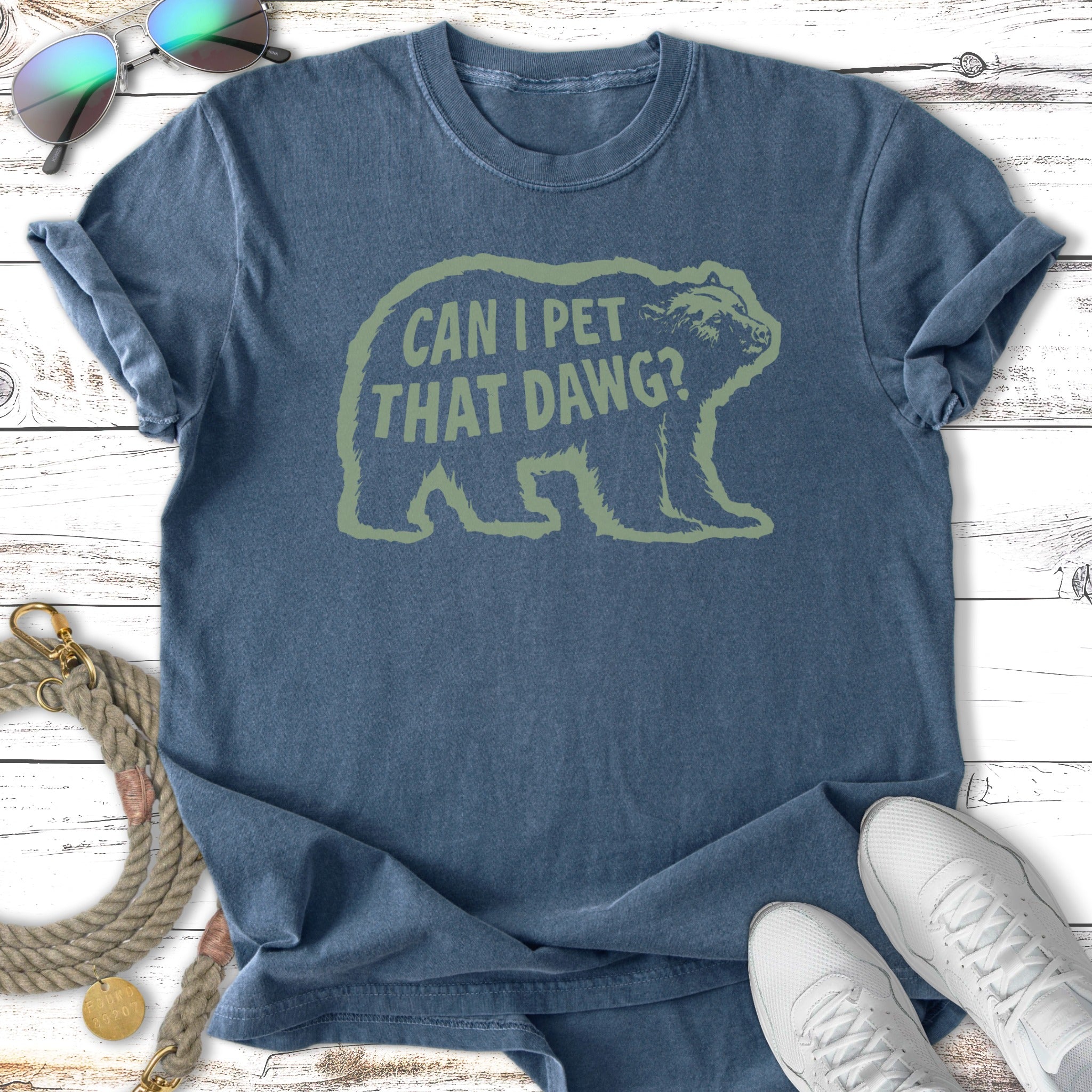 Comfort Colors t-shirt with bear graphic and text "Can I Pet That Dawg?".