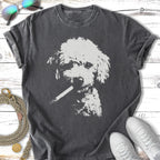 T-shirt with a graphic of a poodle holding a cigarette in its mouth.