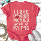 Red t-shirt with "I love horror movies and my dog" text and paw prints.