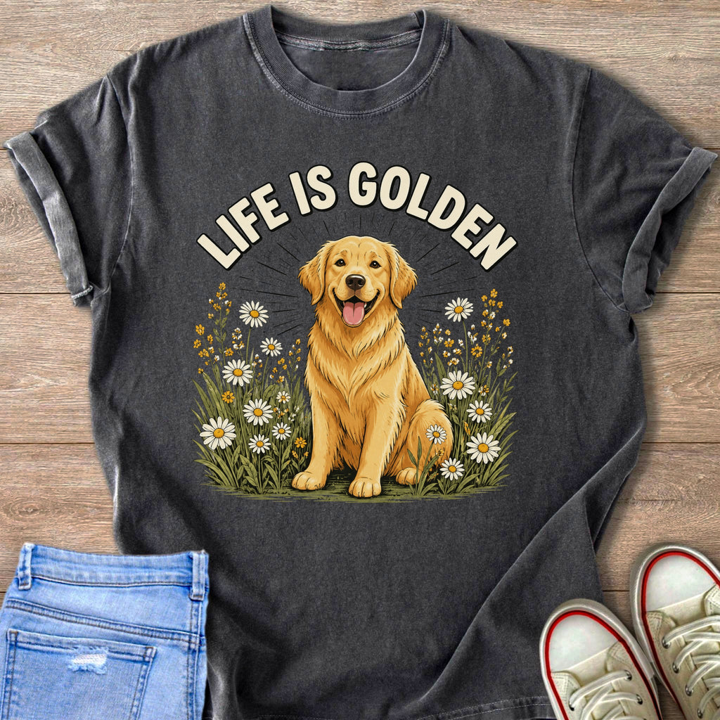 Dark gray t-shirt with a golden retriever sitting in flowers and text "LIFE IS GOLDEN".