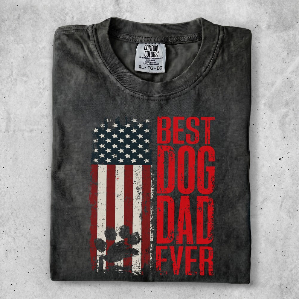 Black t-shirt with distressed US flag and "Best Dog Dad Ever" text.