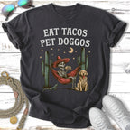 Skeleton in hammock with dog and cactus, "Eat Tacos Pet Doggos" text.