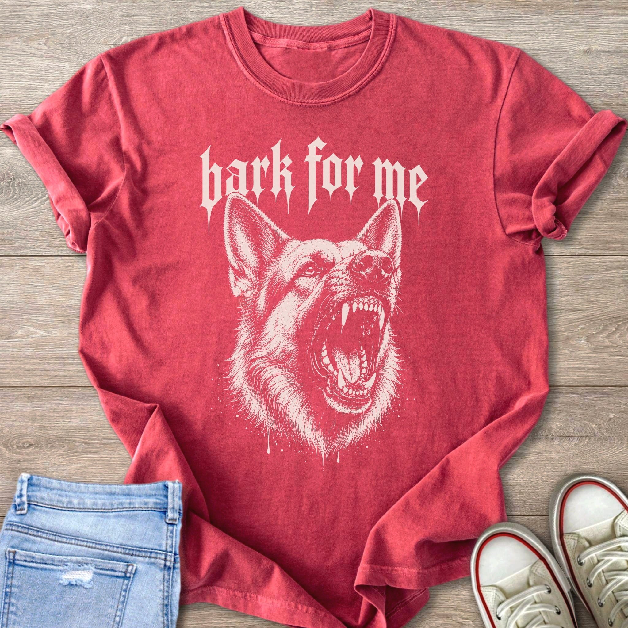 Red t-shirt with white graphic of a snarling dog and text "bark for me".
