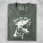 Dark green t-shirt with a white graphic of a snarling dog and "dark for me" text.