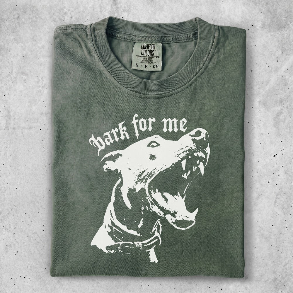 Dark green t-shirt with a white graphic of a snarling dog and "dark for me" text.