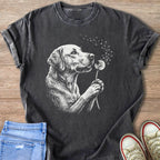 Charcoal t-shirt with a white line drawing of a dog blowing on a dandelion.