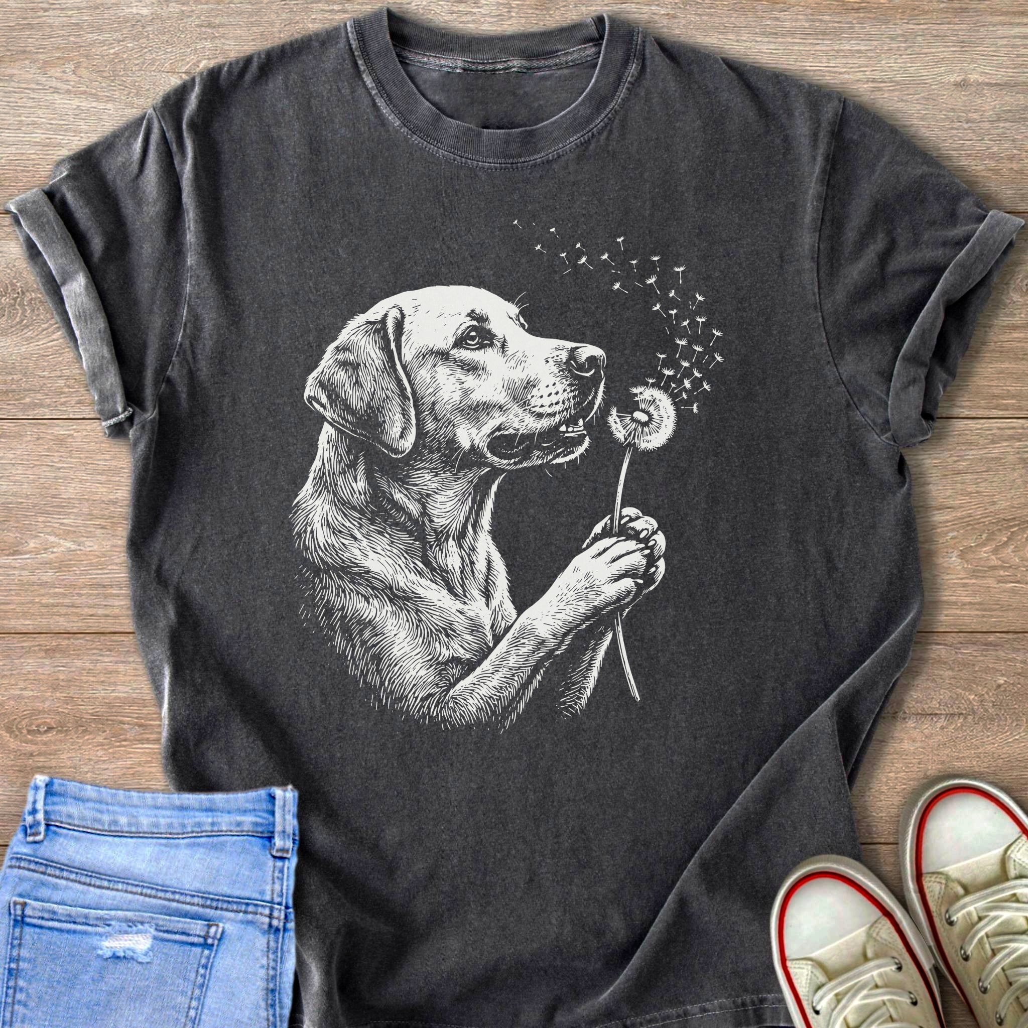 Charcoal t-shirt with a white line drawing of a dog blowing on a dandelion.