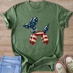 Green t-shirt with a balloon dog design in American flag colors.