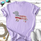 Purple t-shirt with a dachshund silhouette made of American flag fabric.