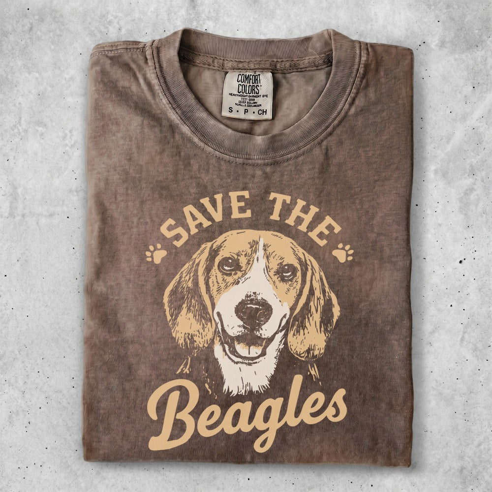 Beagle dog graphic with "Save the Beagles" text on a brown t-shirt.