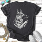 German Shepherd dog holding a dandelion puff, presented on a dark t-shirt.