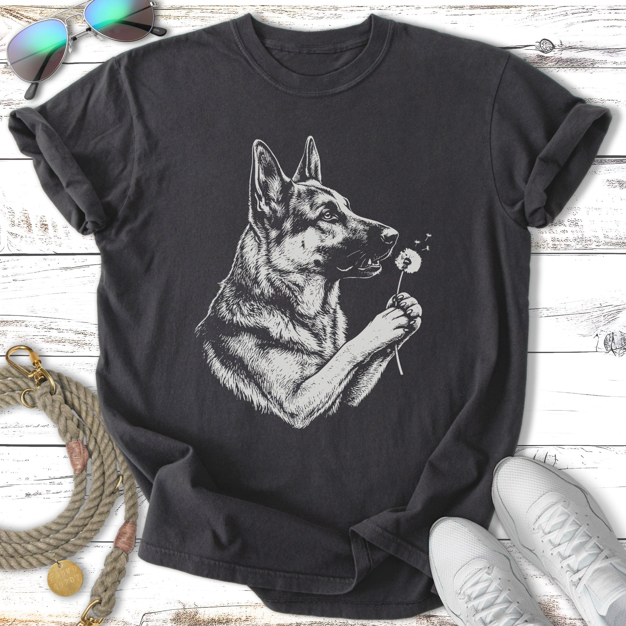 German Shepherd dog holding a dandelion puff, presented on a dark t-shirt.
