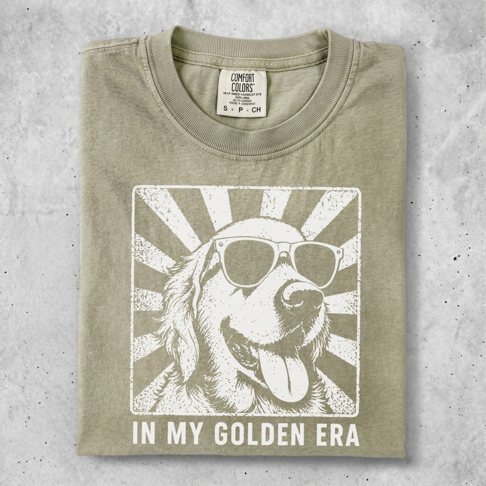 T-shirt with golden retriever wearing sunglasses and "IN MY GOLDEN ERA" text.